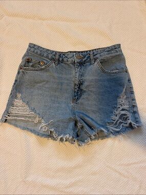 Topshop Washed Blue Distressed High-Rise Denim Shorts